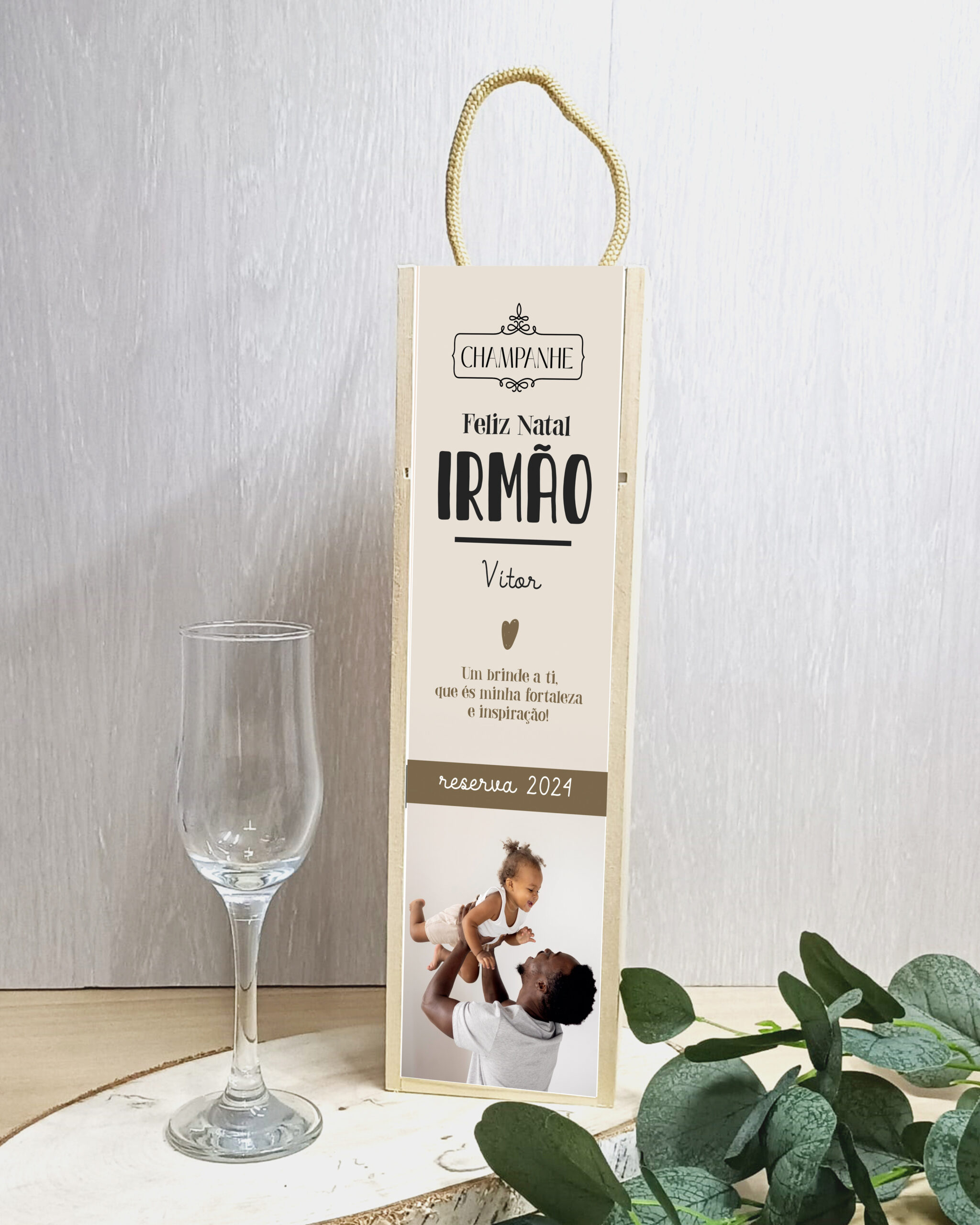 Caixa de Vinho Champanhe Feliz Natal Irmão com Foto