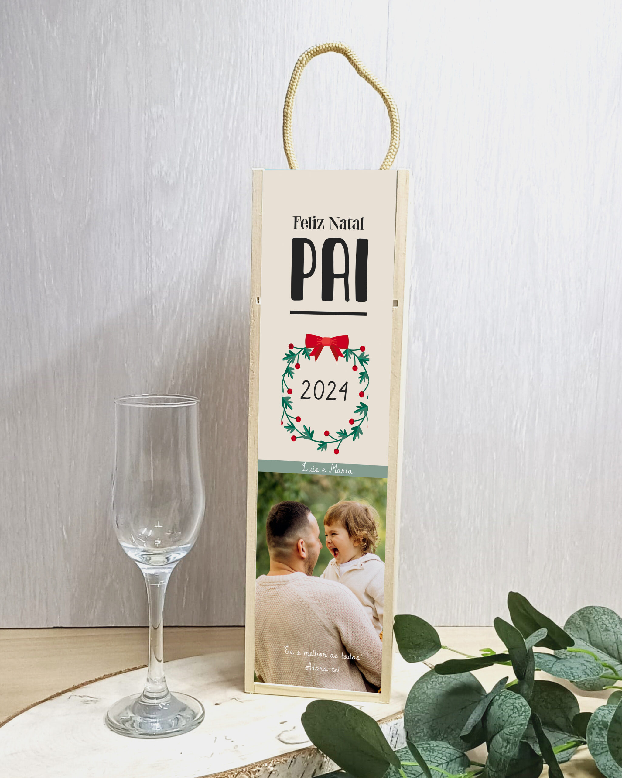 Caixa de Vinho Feliz Natal Pai Coroa com Foto